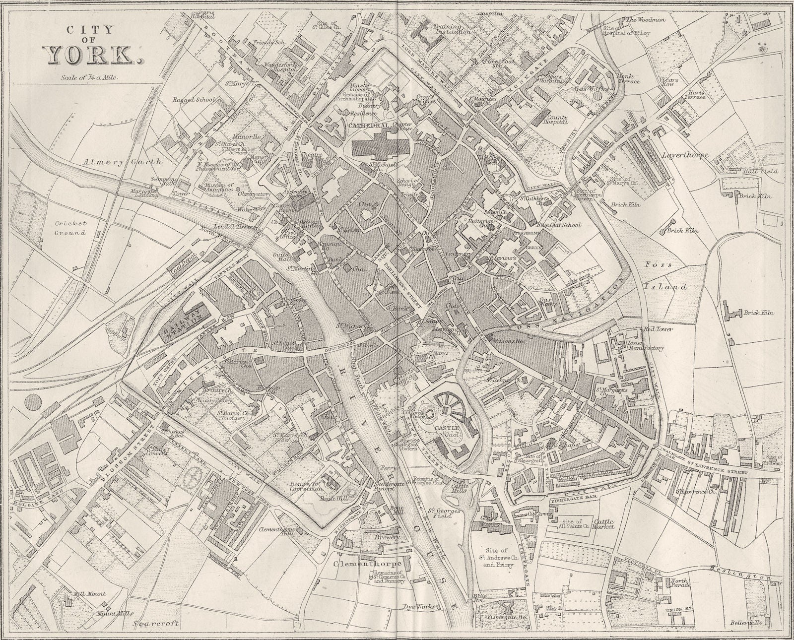 YORKS. City of York town plan 1874 old antique vintage map chart